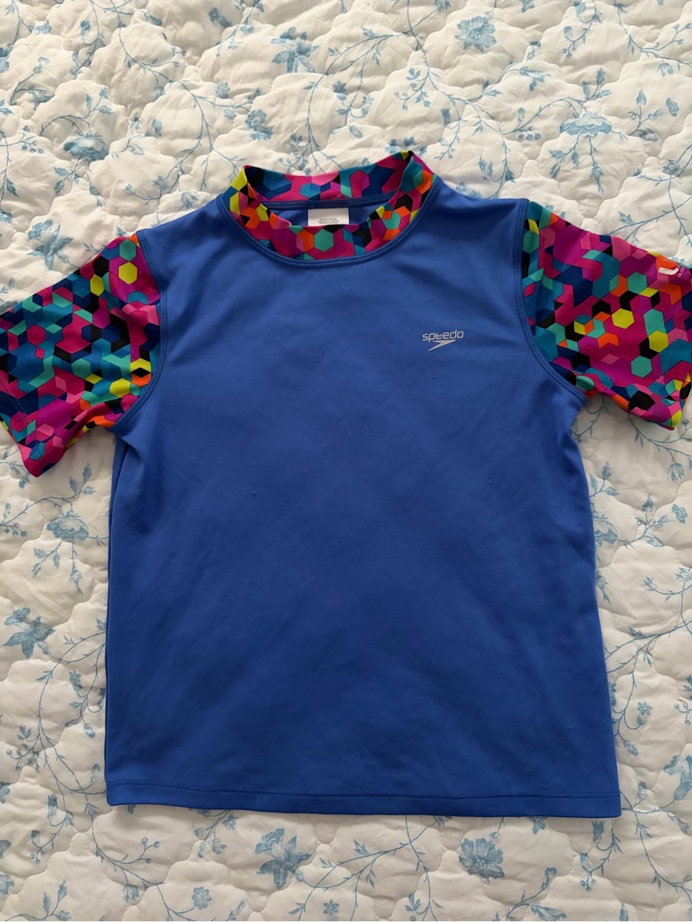 Speedo Royal Blue Rash Guard with Multicolor Geometric Accents